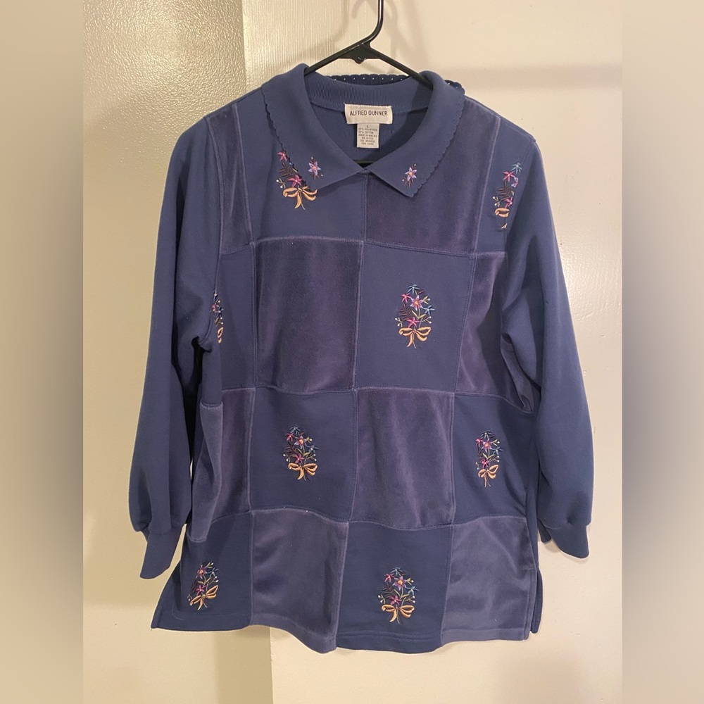 Blue Embroidered Long Sleeve Top